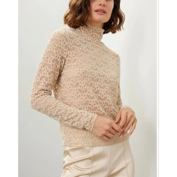 Line & Dot Mesh Floral Mockneck Top MEDIUM Bodycon Romantic Cocktail Nude $90 - Picture 2 of 10